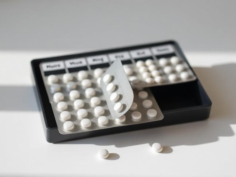 A weekly pill organiser filled with blister-pack tablets